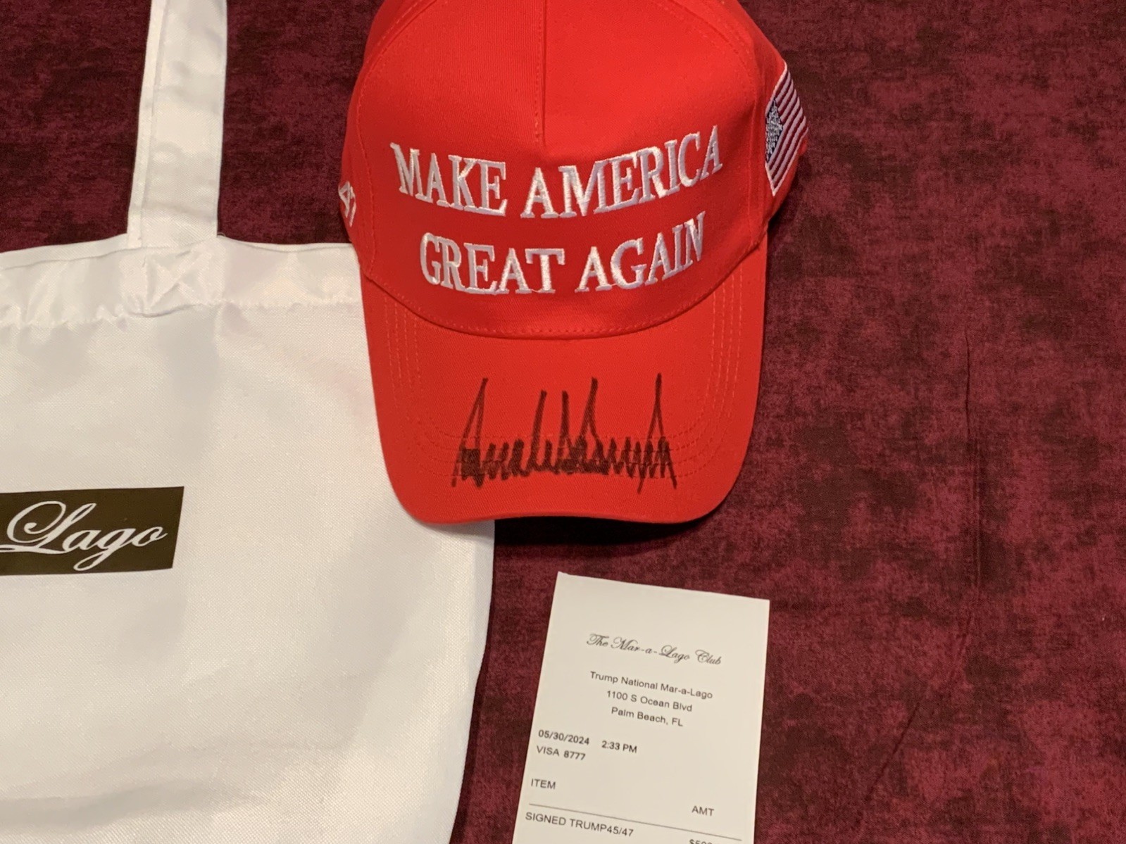 Donald Trump Signed Make America Great Again Hat with Mar-a-Lago Bag & Receipt