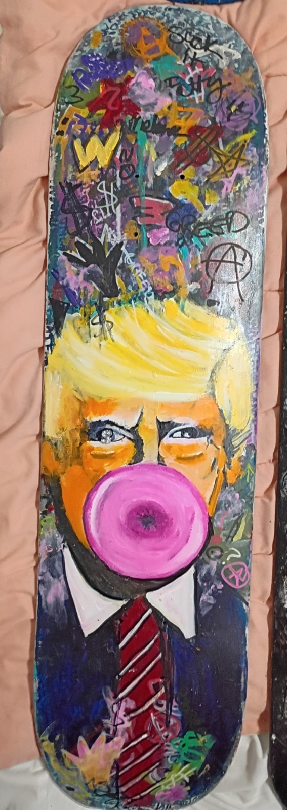 Hand Painted Skateboard Deck Trump blowing bubble