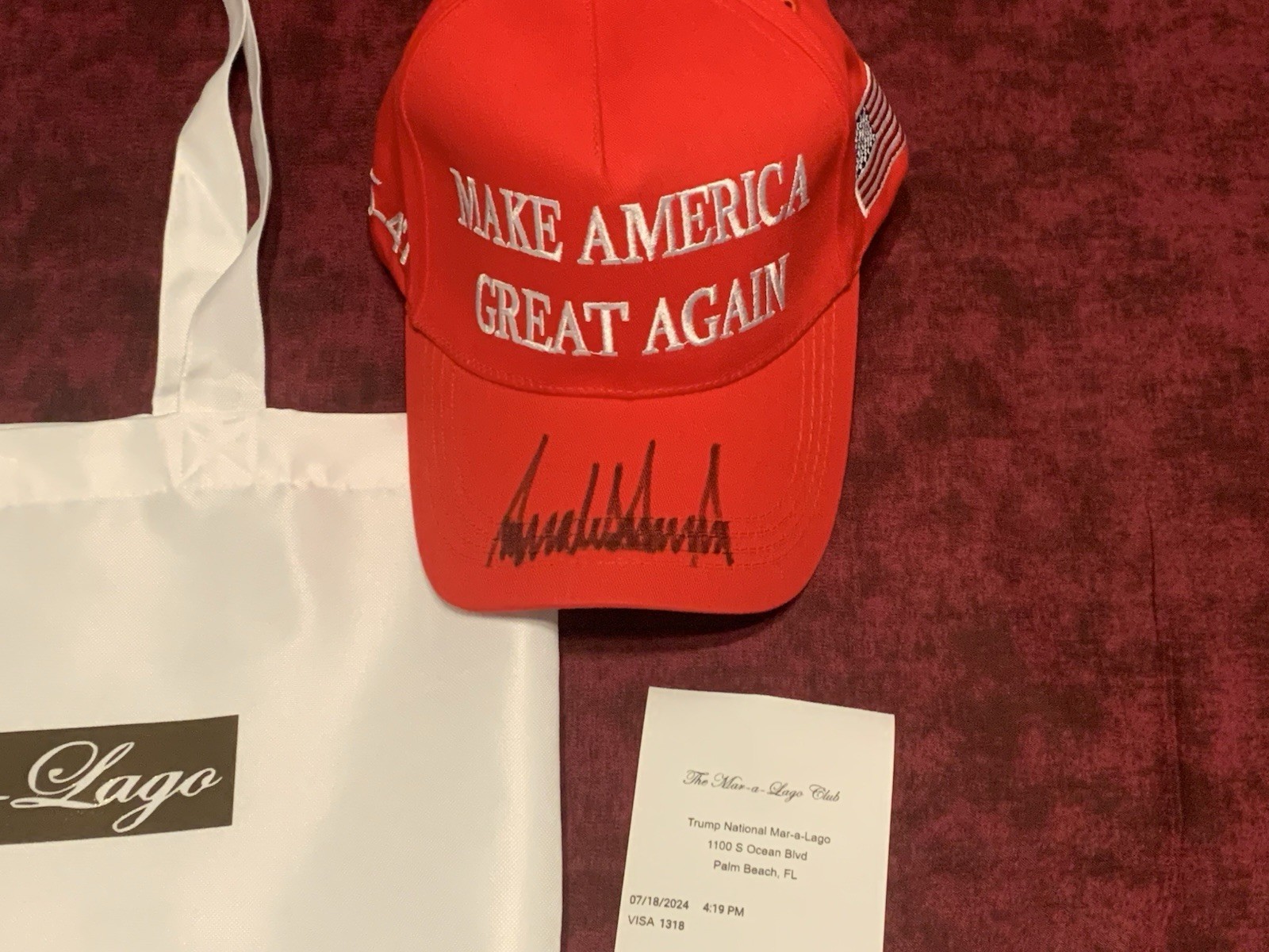 Donald Trump Signed Make America Great Again Hat with Mar-a-Lago Bag & Receipt