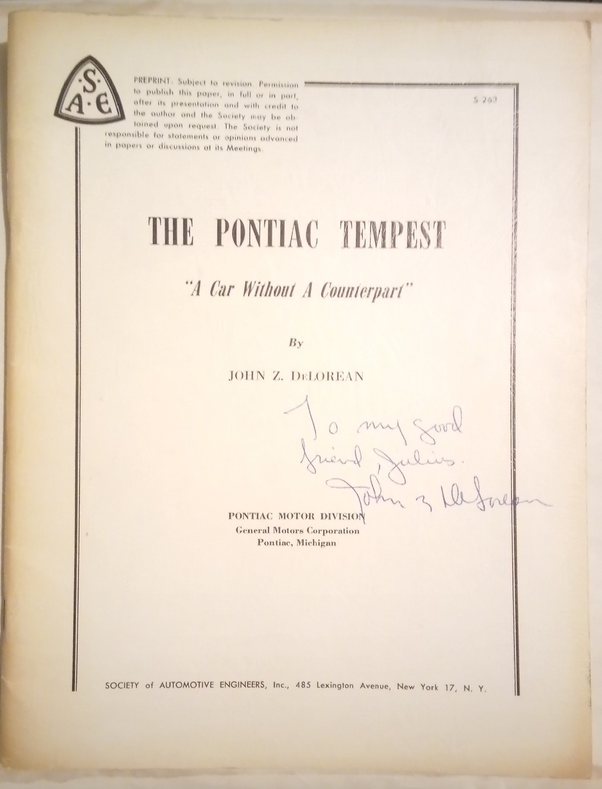 **MEGA RARE SIGNED** John Z. DeLorean - Pontiac Tempest (SAE 1960 PB) Very Good