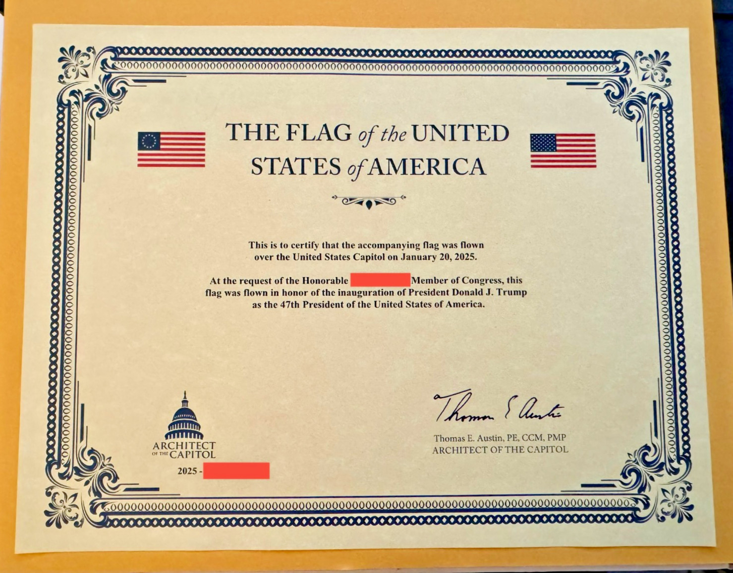3x5 Flag Flown Over Capitol - Jan 20, 2025 - Trump Presidential Inauguration