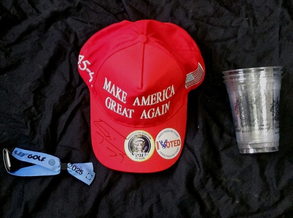 ERIC TRUMP SIGNED MAGA HAT +LIV 25 GOLF ID WRIST TAG + TRUMP DORAL PLASTIC CUPS
