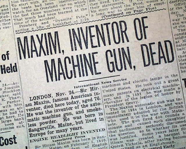 1916 HIRAM MAXIM Creator of 1st Automatic Machine Guns Inventor DEATH Newspaper