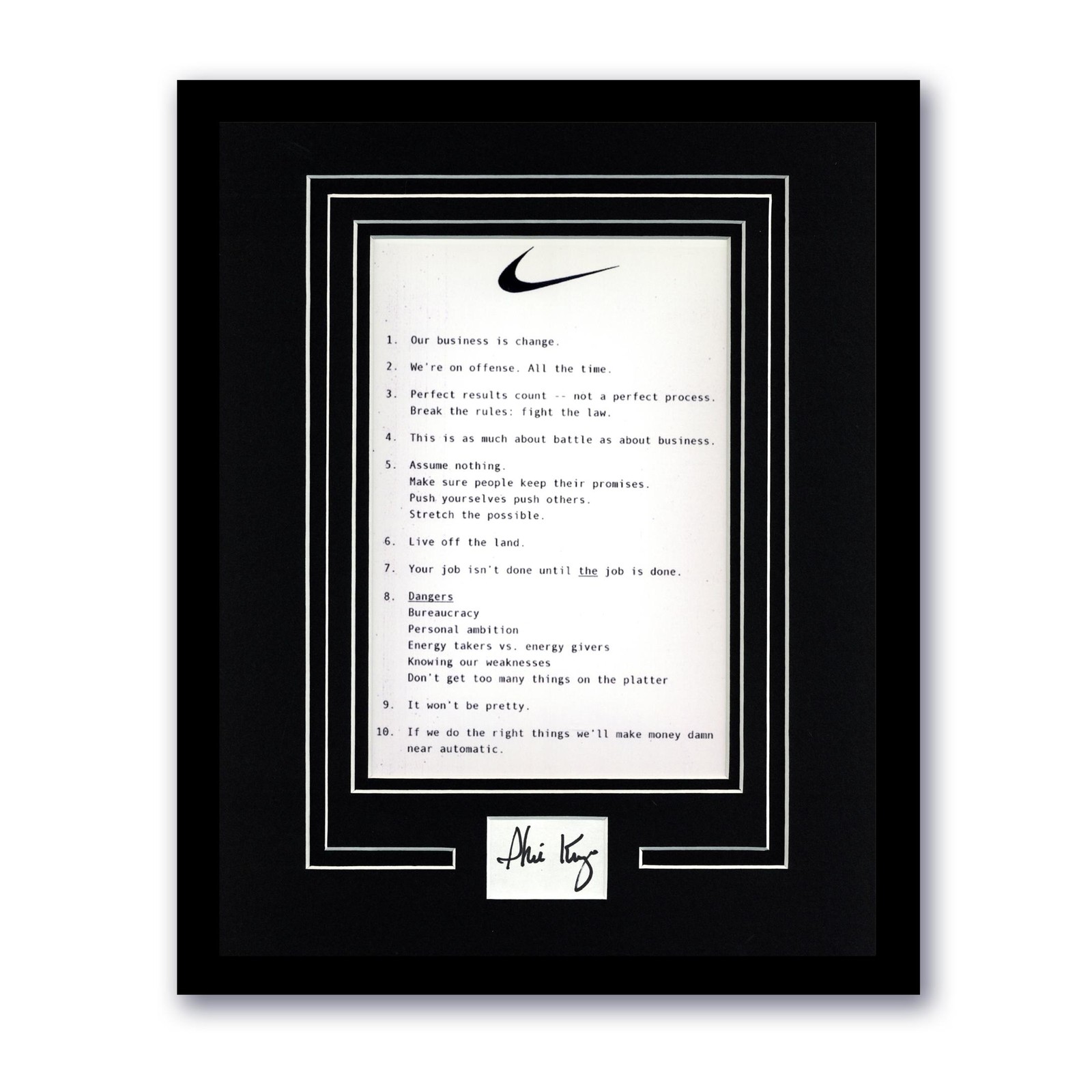 Phil Knight "Nike" Founder SIGNED 'Nike Principles' Framed 11x14 Display D ACOA