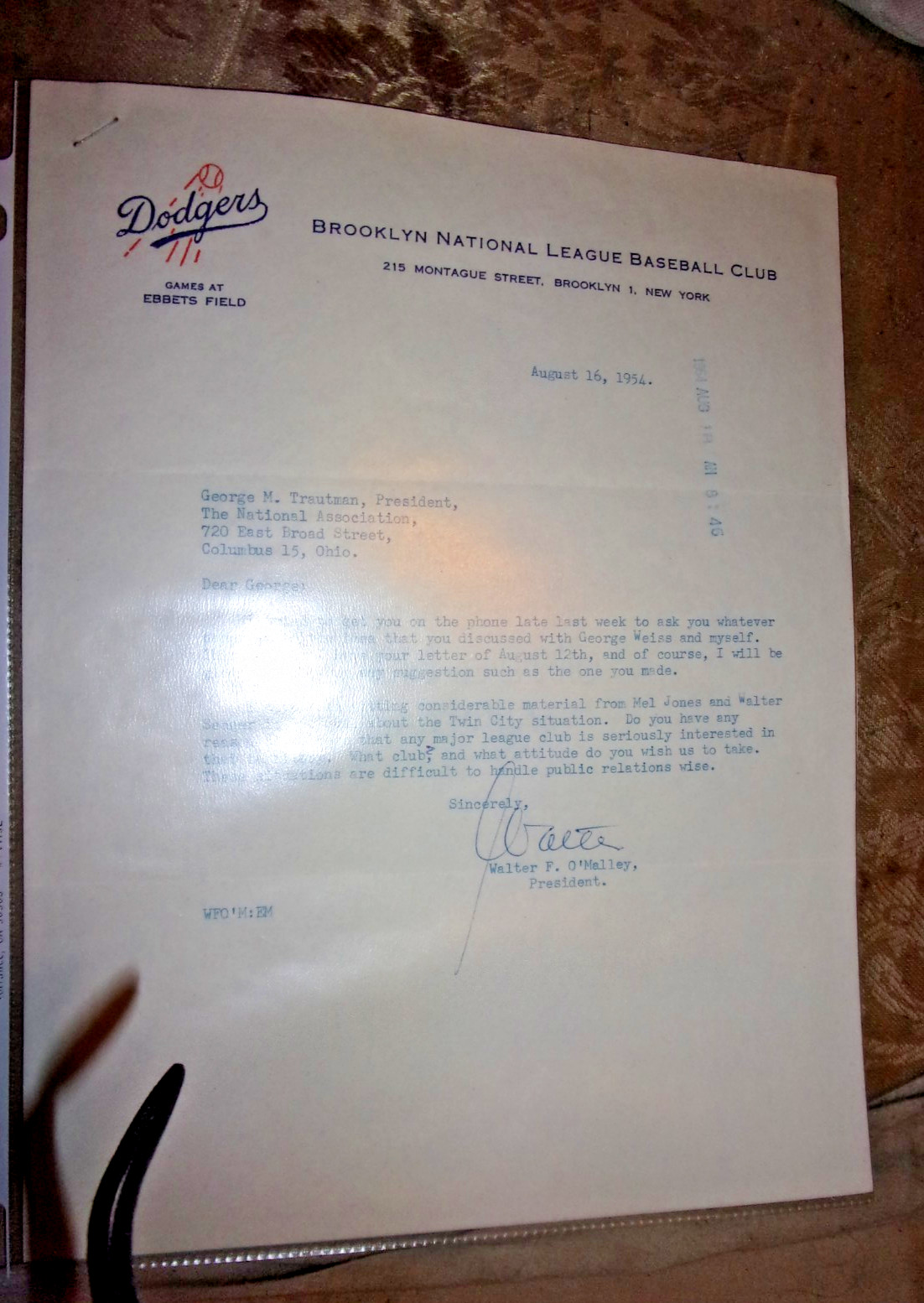 1954 typed letter signed by Walter O'Malley on Brooklyn Dodgers letterhead PSA