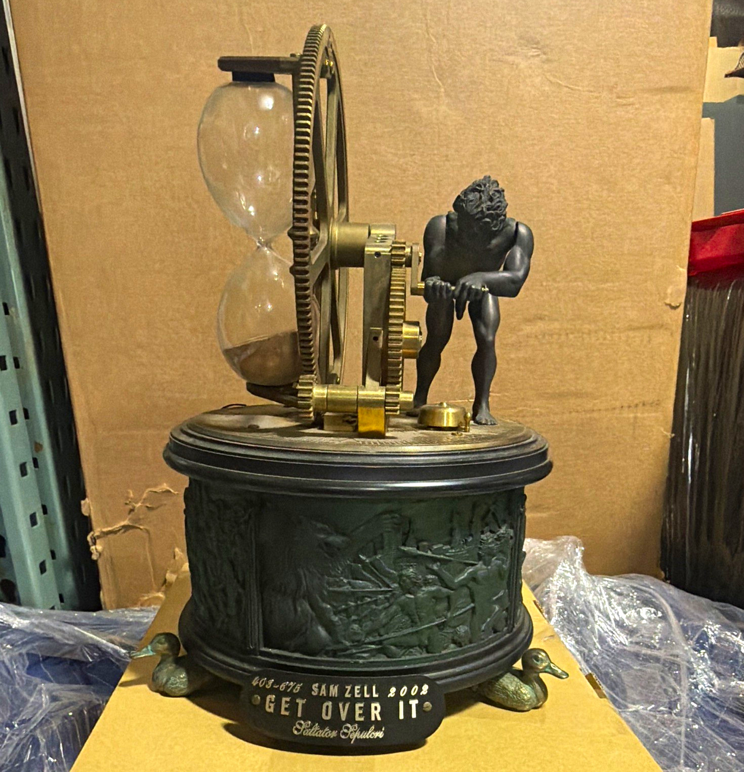 Sam Zell Signed 2008 Atlas Hourglass Sculpture, Black/Gold Metal & Glass