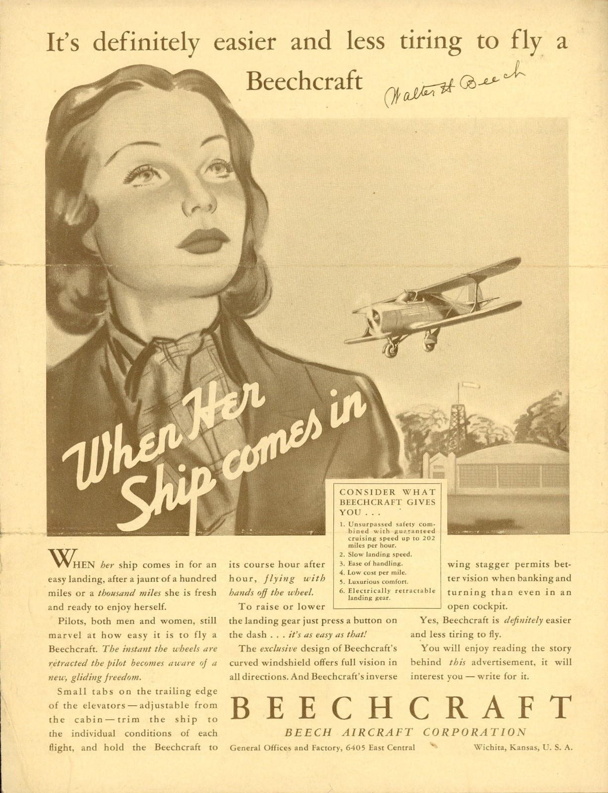 Vintage 1930s Beechcraft Staggerwing Brochure Flyer Walter Beech Signature