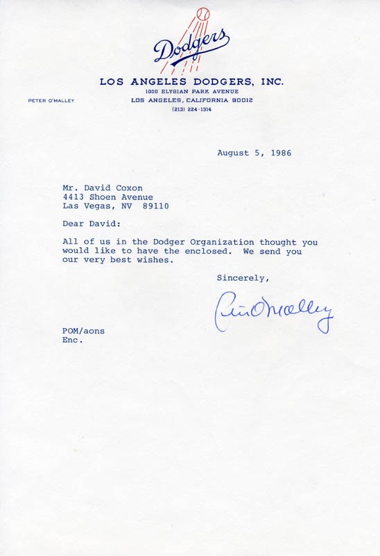 PETER O'MALLEY - TYPED LETTER SIGNED 08/05/1986