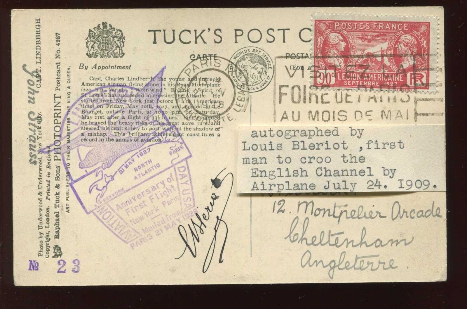 French Aviation Louis Bleriot Signed 1928 Charles Lindbergh Picture Post Card