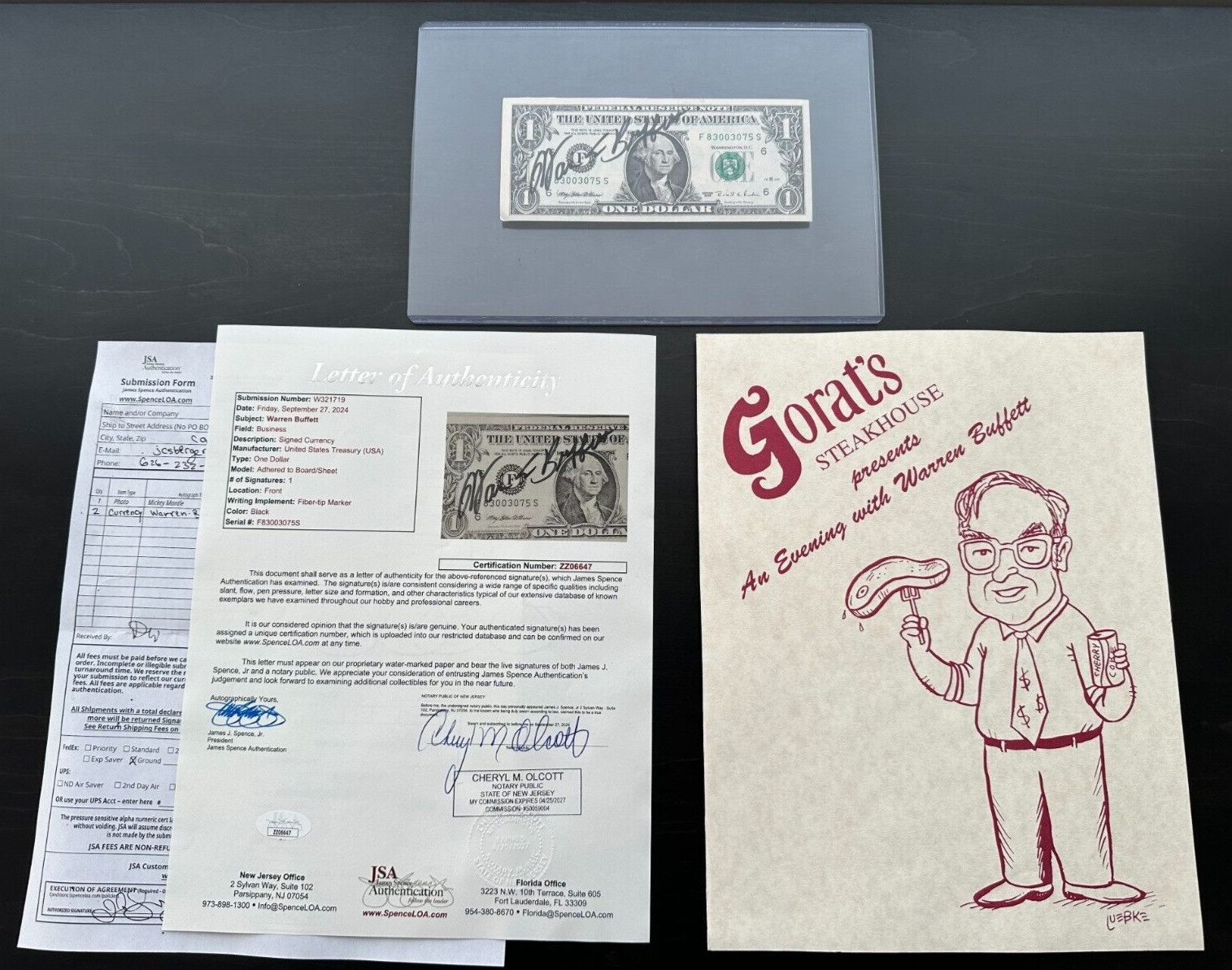 Warren Buffett Signed $1 Bill Berkshire Hathaway + Gorat Steakhouse + JSA COA
