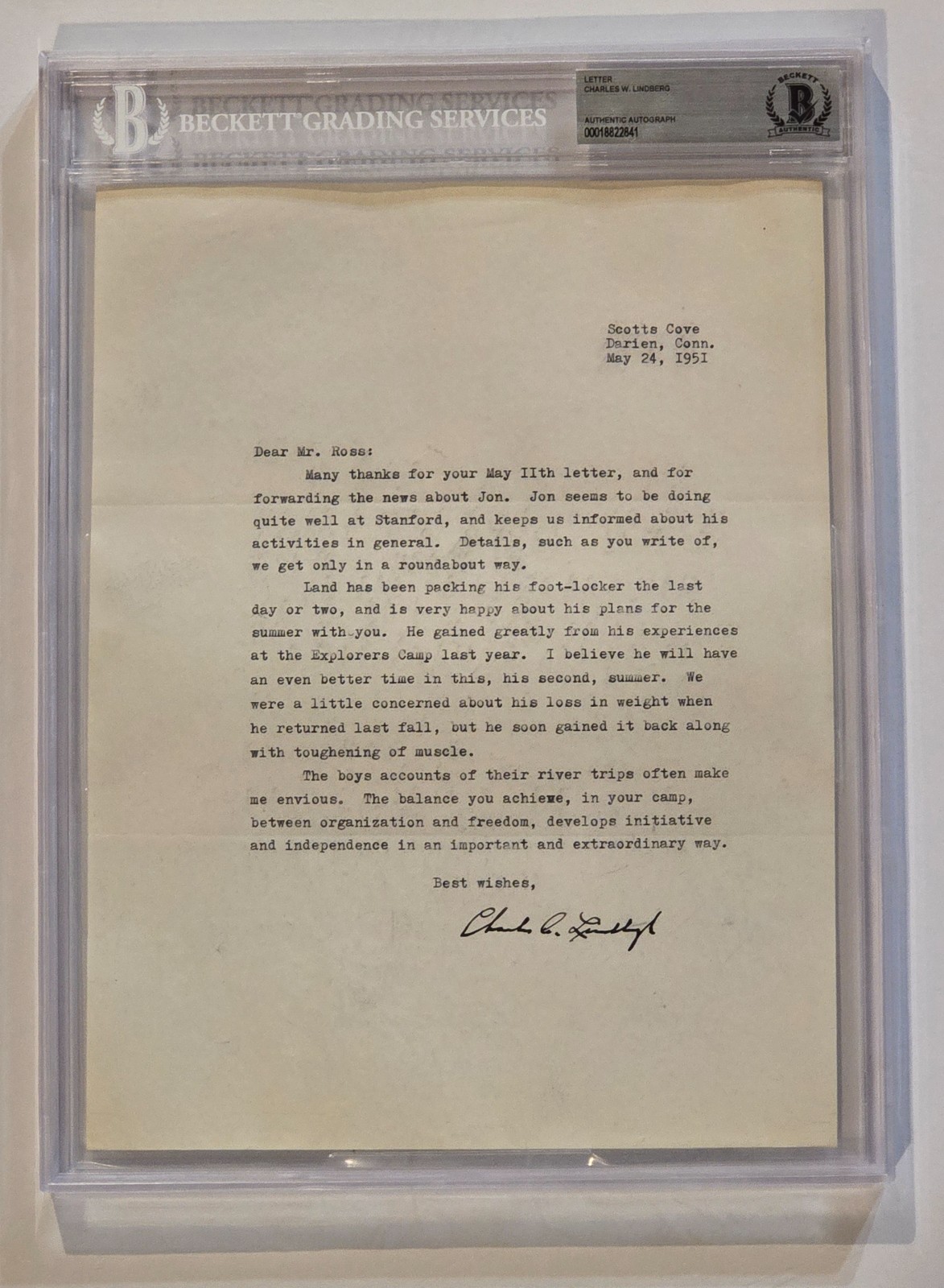 Charles Lindbergh signed autograph 8.5x11 Letter dated 1951 to Scott's Cove BAS