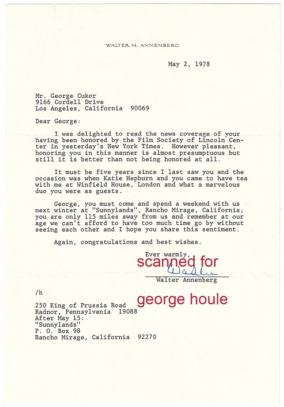 WALTER ANNENBERG - LETTER+ ENVELOPE - SIGNED - AMBASSADOR - CUKOR - DIRECTOR