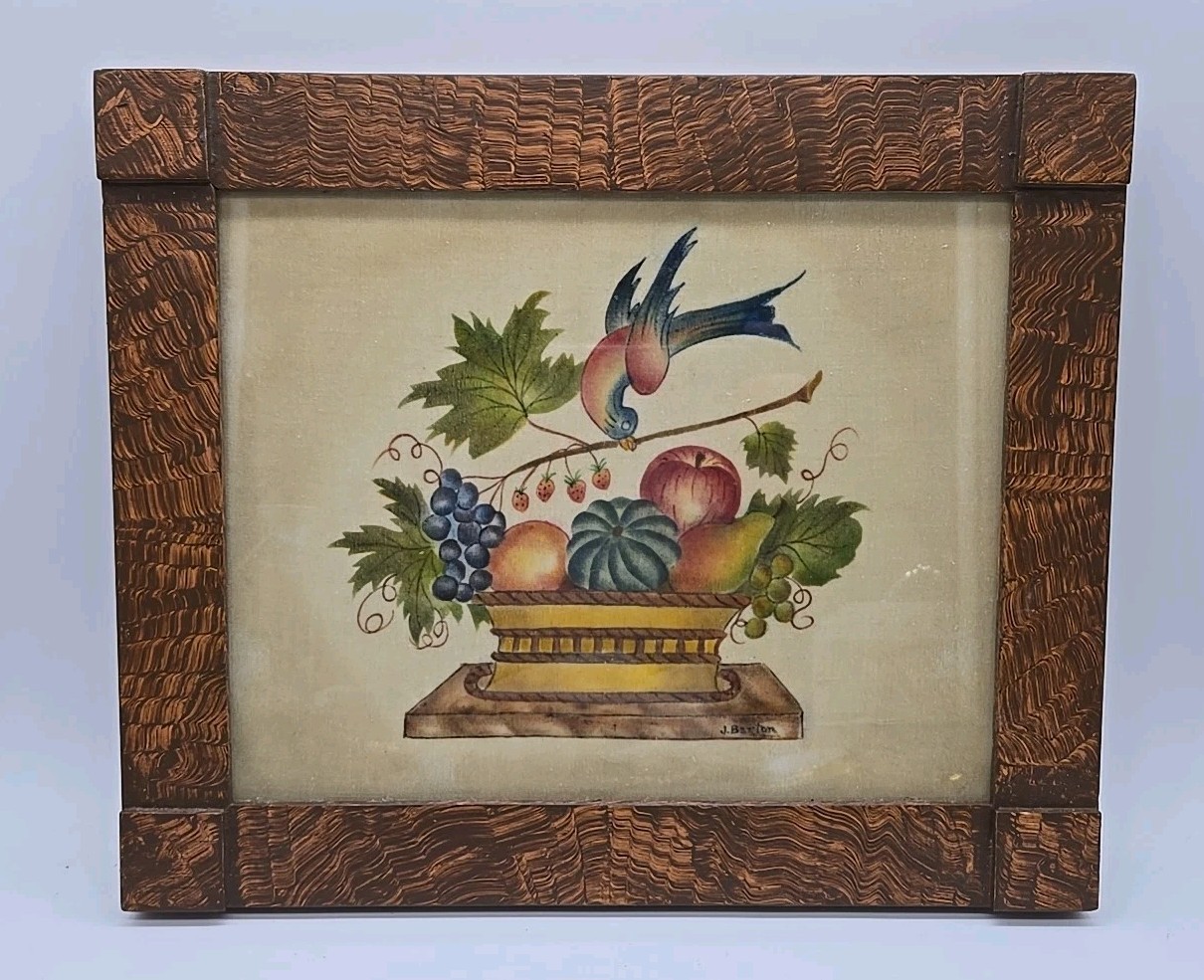 Vintage Jane Barton Signed 1992 Theorem Painting Bird & Fruit Henry Ford Museum