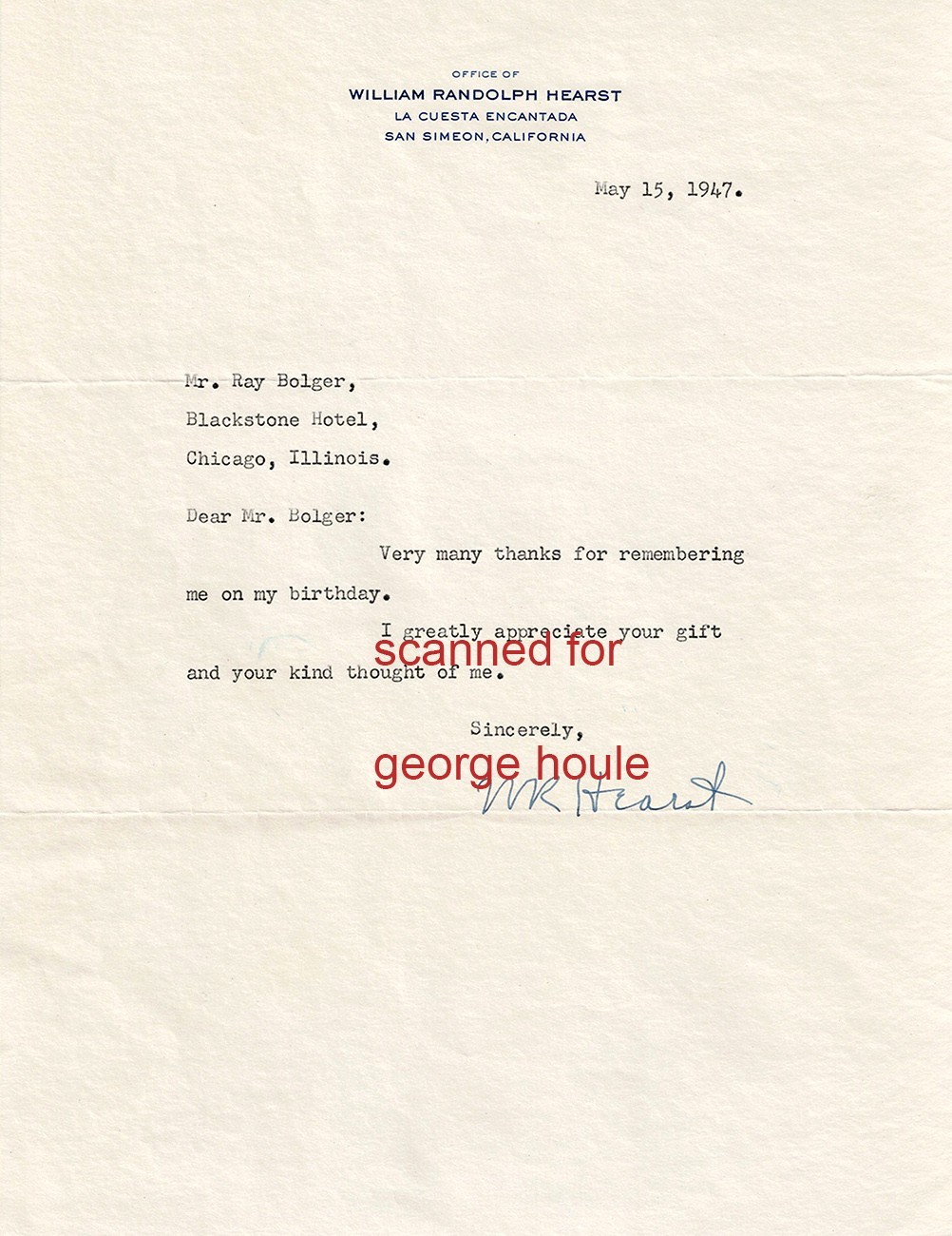 WILLIAM RANDOLPH HEARST - SIGNED + ENVELOPE - RAY BOLGER - OZ - SAN SIMEON
