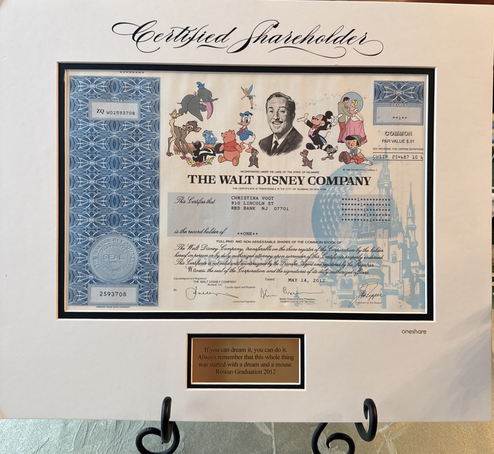 Matted Original Walt Disney Stock Certificate/Own A Part Of Mickey Mouse!