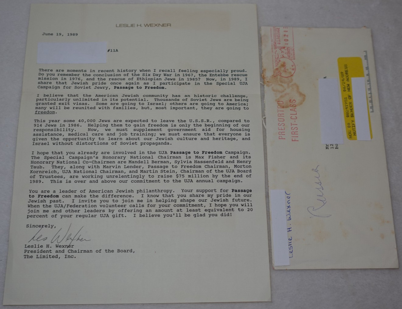 Les Wexner SIGNED 1989 Jewish Philanthropy The Limited President Original Letter