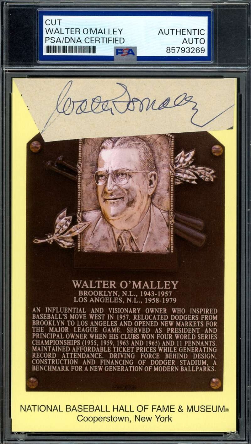 Walter O'Malley PSA DNA Coa Signed Gold Hall of Fame Plaque Postcard Cut Auto