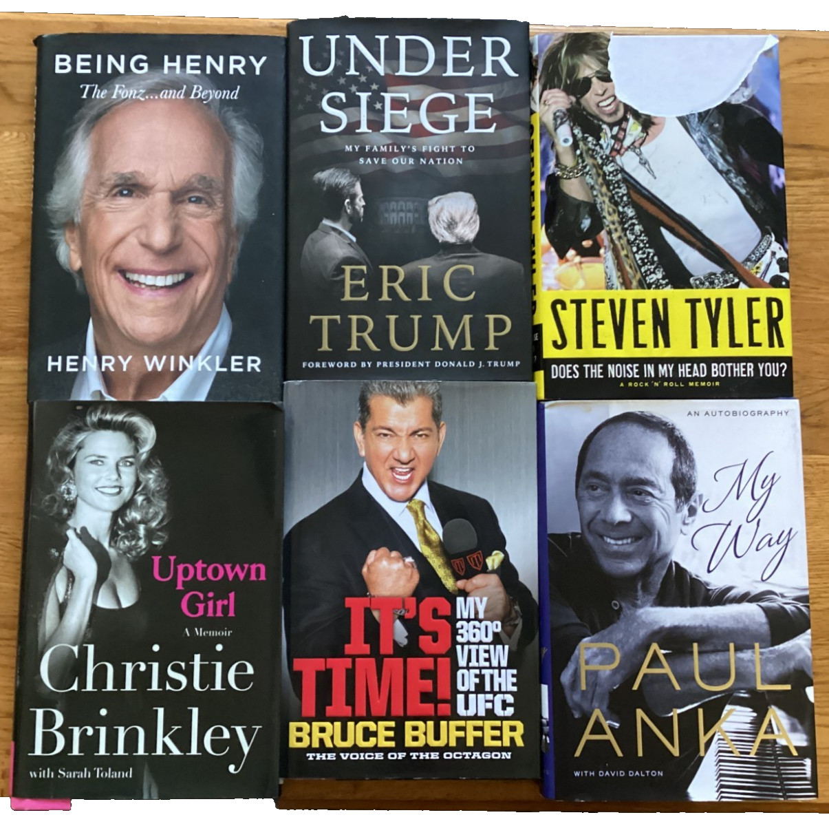 LOT 6 DAMAGED AUTOGRAPHED BOOKS:CHRISTIE BRINKLEY ERIC TRUMP STEVEN TYLER  ANKA+
