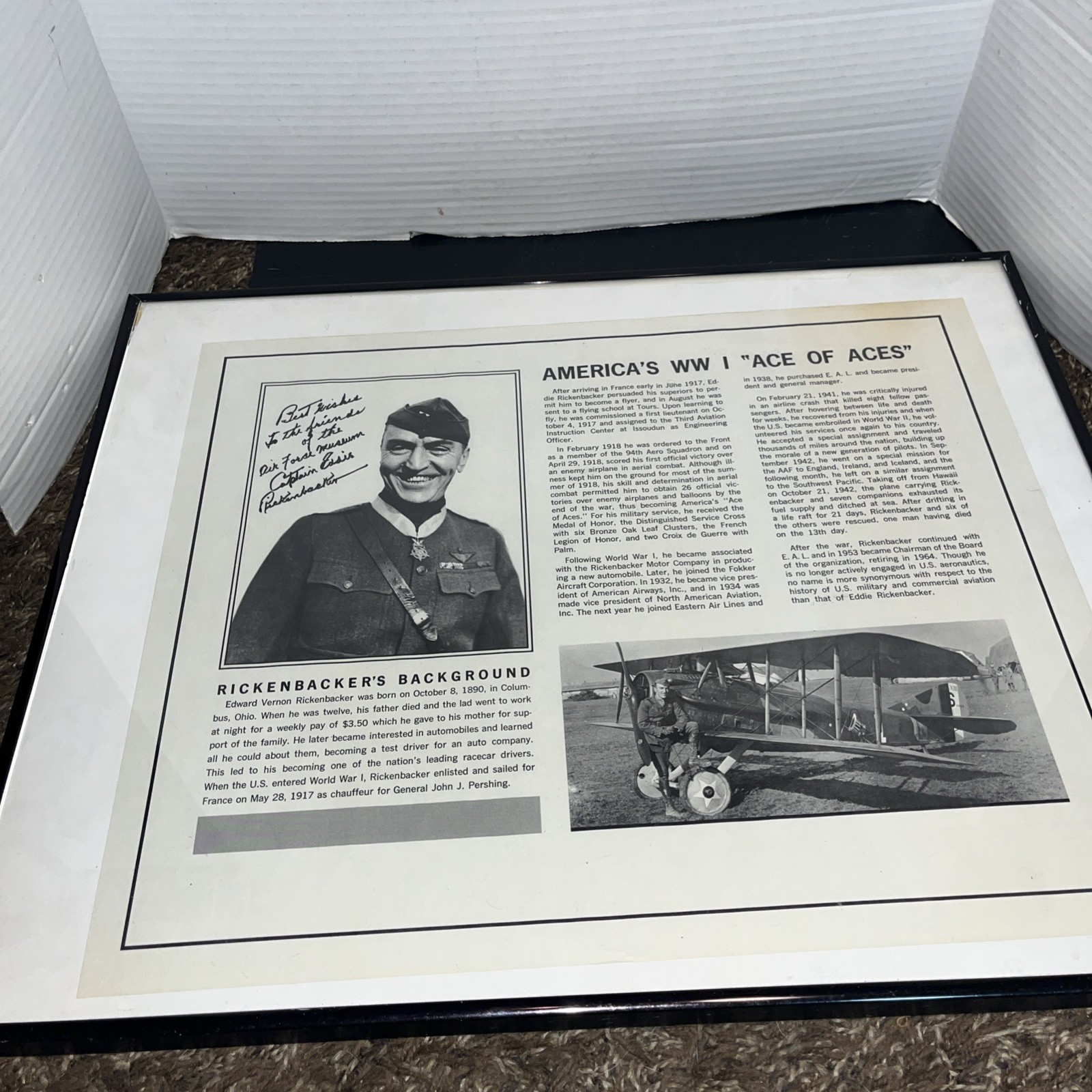 EDDIE RICKENBACKER SIGNED & FRAMED PRINT. RARE.  HTF! True Hero.
