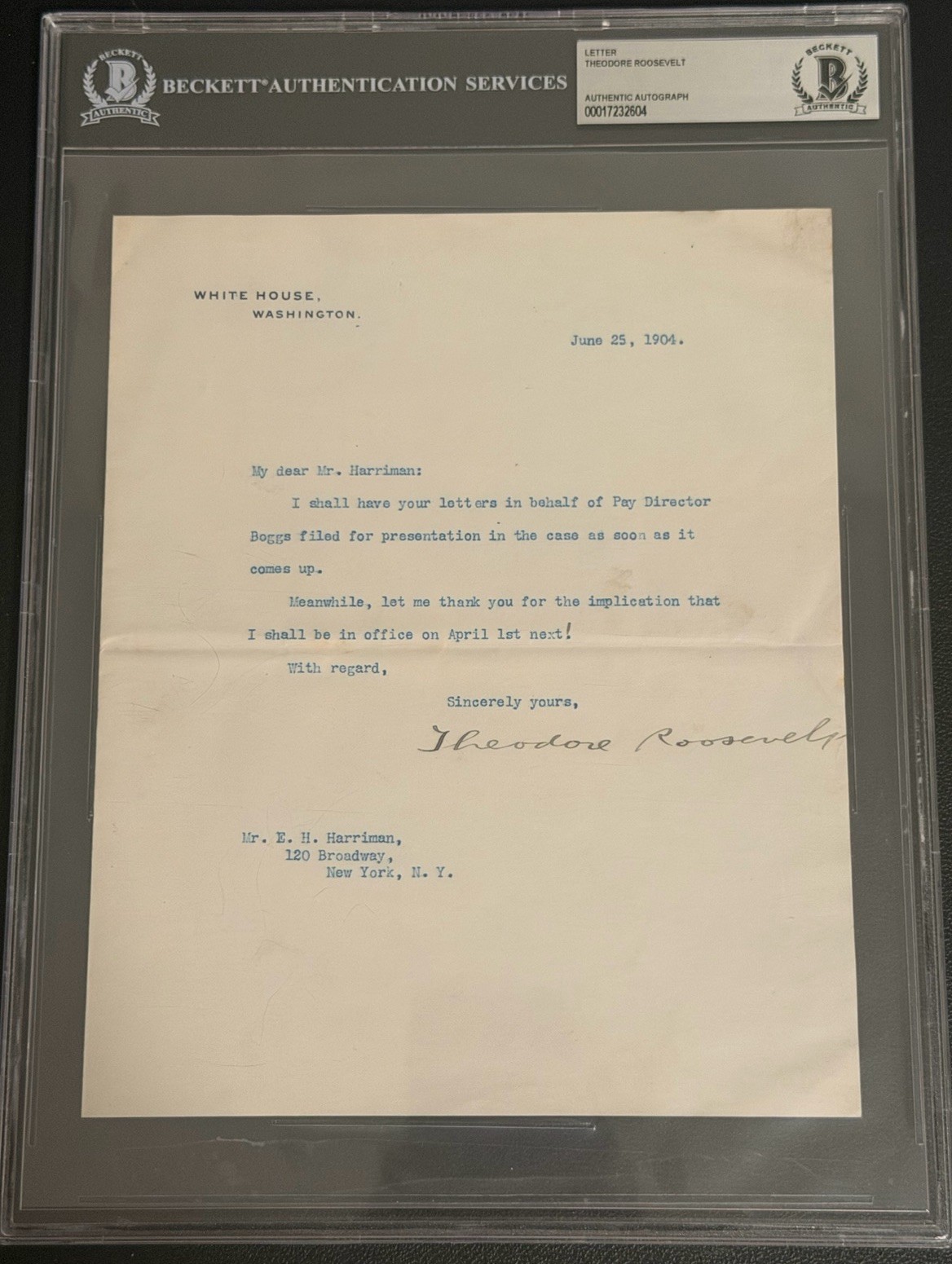 Theodore Roosevelt Signed White House Letter TLS to E.H. Harriman Beckett COA