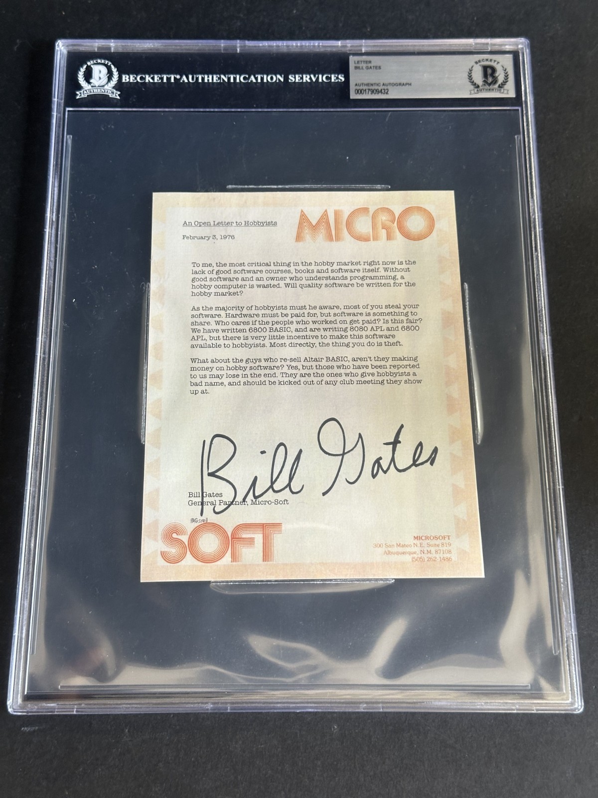 Bill Gates Signed 1976 Microsoft Hobbyist Letter BGS BAS Beckett AUTO