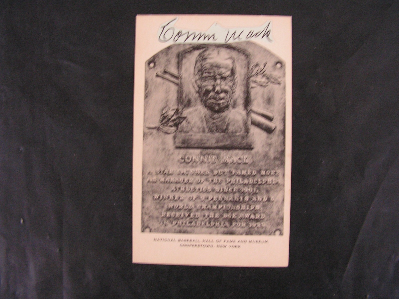 Connie Mack Signed Hall of Fame Plaque Postcard Artvue Cut NM Athletics 3731 Win