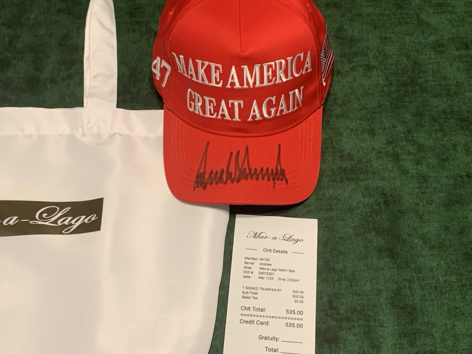 Donald Trump Signed Make America Great Again Hat with Mar-a-Lago Bag & Receipt